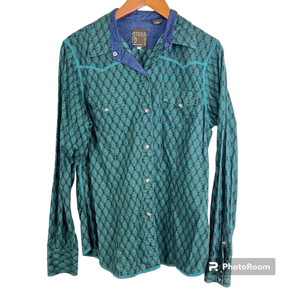 Roper Teal Pearl Snap Western Rodeo Cowgirl 100% Cotton Button Down Shirt L